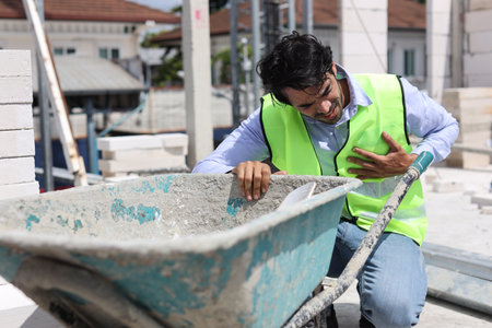 Young technician engineer or worker man in safety uniform suffering from chest pain or heart attack from accident at Industrial building site. First aid, healthy or insurance at construction conceptの写真素材