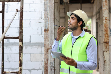 Technician civil engineer or specialist inspector discussing, brainstorm and planing real estate project work with smart mobile phone and tablet at Industrial building site. Construction conceptの写真素材