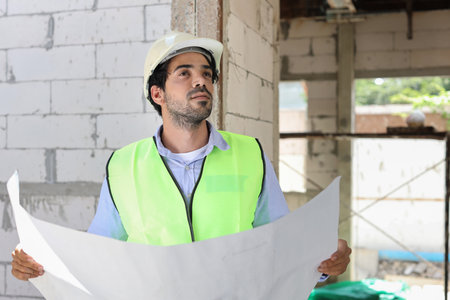 Technician civil engineer or specialist inspector discussing, brainstorm and planing real estate project work with smart mobile phone and blueprint at Industrial building site. Construction conceptの写真素材