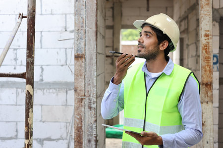 Technician civil engineer or specialist inspector discussing, brainstorm and planing real estate project work with smart mobile phone and tablet at Industrial building site. Construction conceptの写真素材