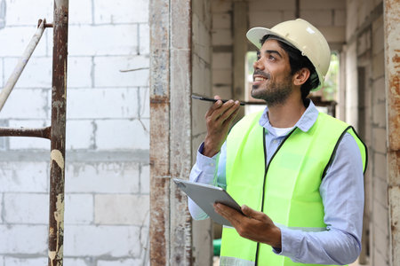 Technician civil engineer or specialist inspector discussing, brainstorm and planing real estate project work with smart mobile phone and tablet at Industrial building site. Construction conceptの写真素材