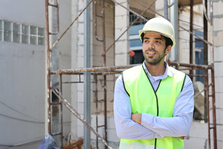 Caucasian technician civil engineer or specialist inspector standing and crossed arms while looking away with happy face after project complete at Industrial building site. Construction conceptの写真素材