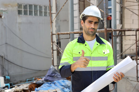 Caucasian technician civil engineer man or specialist inspector standing and planing real estate project work with blueprint while showing thumb up at Industrial building site. Construction conceptの写真素材