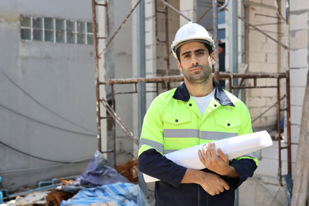 Caucasian technician civil engineer man or specialist inspector standing and planing real estate project work with blueprint while checking at Industrial building site. Construction conceptの写真素材
