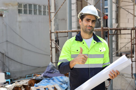 Caucasian technician civil engineer man or specialist inspector standing and planing real estate project work with blueprint while showing thumb up at Industrial building site. Construction conceptの写真素材