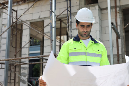 Caucasian technician civil engineer man or specialist inspector standing and planing real estate project work with blueprint while checking at Industrial building site. Construction conceptの写真素材