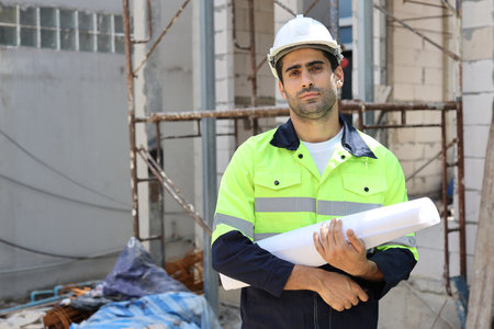 Caucasian technician civil engineer man or specialist inspector standing and planing real estate project work with blueprint while checking at Industrial building site. Construction conceptの写真素材