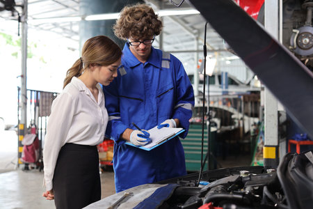 Man technician car mechanical in uniform showing car maintenance service report on clipboard at repair garage station. Auto mechanic give customer discussion on her vehicle repairs problemsÂ conditionの写真素材