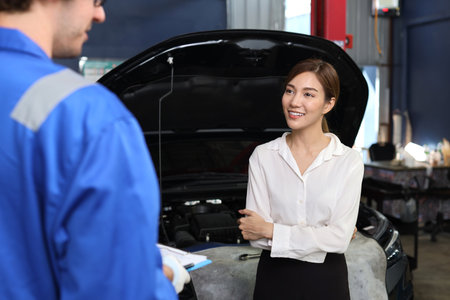 Young woman customer listening her car repairs problemsÂ condition from auto mechanic. Man technician car mechanical in uniform show car maintenance service report on clipboard at repair garage stationの写真素材