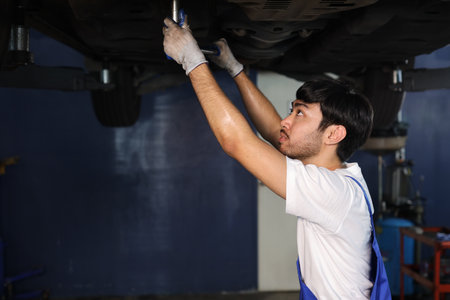 Man technician car mechanic in uniform check or maintenance a lifted car service at repair garage station. Worker holding wrench and fixing vehicle with flashlight. Car center repair service conceptの写真素材
