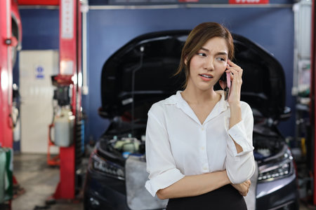 Young woman customer using smart mobile phone and calling insurance agent to get help or support at repair garage station with breakdown car blurred background. Concept of car center repair service.の写真素材