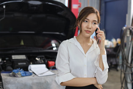 Young woman customer using smart mobile phone and calling insurance agent to get help or support at repair garage station with breakdown car blurred background. Concept of car center repair service.の写真素材