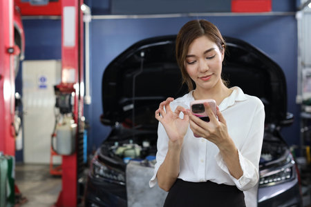 Young woman customer using smart mobile phone and calling insurance agent to get help or support at repair garage station with breakdown car blurred background. Concept of car center repair service.の写真素材