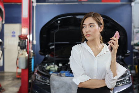 Young woman customer using smart mobile phone and calling insurance agent to get help or support at repair garage station with breakdown car blurred background. Concept of car center repair service.の写真素材