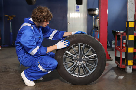 Side view portrait of man technician car mechanic in uniform holding tire for replacement or changeing at repair garage. Concept of car center repair service.の写真素材