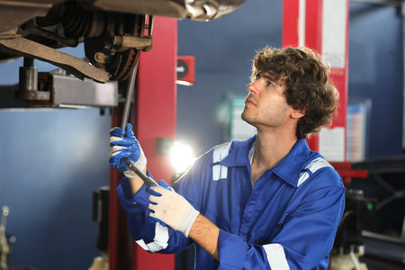 Man technician car mechanic in uniform checking or maintenance a lifted car service at repair garage station. Worker holding wrench and fixing breakdown vehicle. Concept of car center repair service.の写真素材
