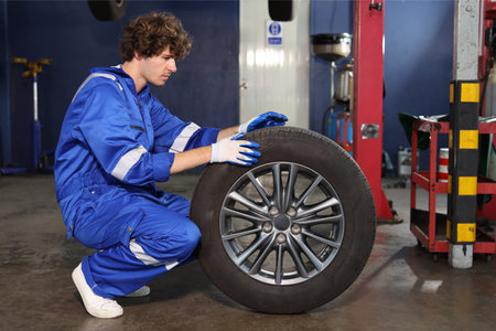 Man technician car mechanic in uniform holding tire for replacement or changeing at repair garage. Happy caucasian worker smiling and looking at camera. Concept of car center repair service.の写真素材