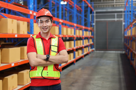 Portrait of warehouse workers young asian man with hardhats and reflective jackets standing and crossed arms with happy smiling face and confident in retail warehouse logistics, distribution centerの写真素材