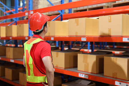 Warehouse workers man with hardhats and reflective jackets checking or controlling large box package for delivery to production stock and inventory in retail warehouse logistics, distribution centerの写真素材