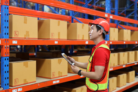 Warehouse workers man in reflective jackets with tablet and checking or controlling large box package for delivery to production stock and inventory in retail warehouse logistics, distribution centerの写真素材