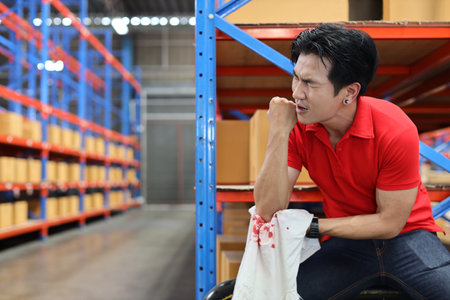 Young warehouse asian worker man had elbow accident sitting on the floor in warehouse logistics center. He waiting for safety colleague team helping him from injury. First aid training concept.の写真素材
