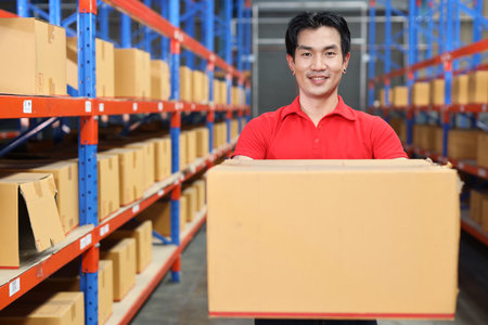 Young asian warehouse workers man standing and carrying a large box for delivery to production stock and inventory while looking at camera and smile in retail warehouse logistics, distribution centerの写真素材