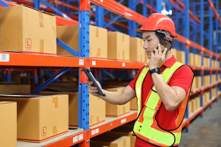 Warehouse workers man with hardhats and reflective jackets using computer, smart mobile phone and tablet while controlling stock and inventory in retail warehouse logistics, distribution centerの写真素材