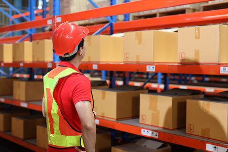 Warehouse workers man with hardhats and reflective jackets checking or controlling large box package for delivery to production stock and inventory in retail warehouse logistics, distribution centerの写真素材