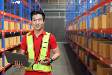 Warehouse workers man with hardhats and reflective jackets using computer, walkie talkie radio and cardboard while controlling stock and inventory in retail warehouse logistics, distribution centerの写真素材