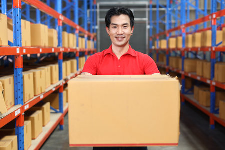 Young asian warehouse workers man standing and carrying a large box for delivery to production stock and inventory while looking at camera and smile in retail warehouse logistics, distribution centerの写真素材
