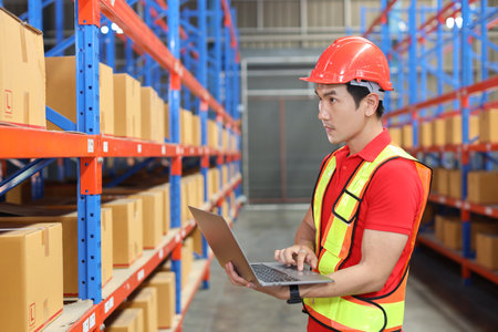 Warehouse workers man with hardhats and reflective jackets using computer, walkie talkie radio and cardboard while controlling stock and inventory in retail warehouse logistics, distribution centerの写真素材