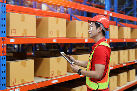 Warehouse workers man in reflective jackets with tablet and checking or controlling large box package for delivery to production stock and inventory in retail warehouse logistics, distribution centerの写真素材