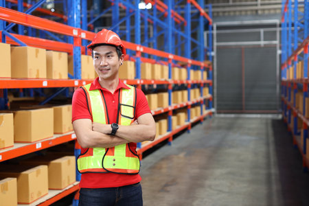 Portrait of warehouse workers young asian man with hardhats and reflective jackets standing and crossed arms with happy smiling face and confident in retail warehouse logistics, distribution centerの写真素材