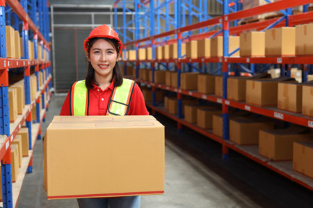 Asian warehouse workers woman with hardhats and reflective jackets carrying a large box for delivery to production stock and inventory in retail warehouse logistics, distribution centerの写真素材