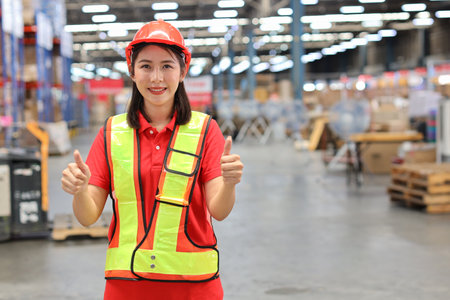 Warehouse workers woman standing with hardhats while showing thumb up and looking at camera with production stock and retail warehouse logistics distribution center backgroundの写真素材