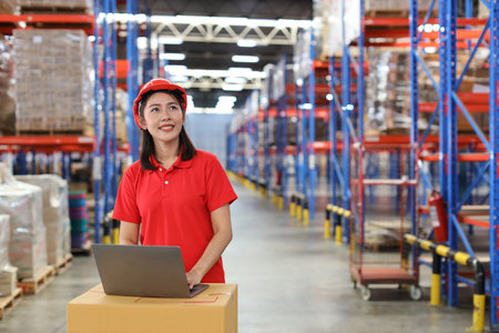 Portrait of warehouse workers young asian woman standing and using computer while looking away while controlling stock and inventory in retail warehouse logistics, distribution centerの写真素材