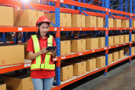 Warehouse workers woman in reflective jacket with tablet and checking or controlling large box package for delivery to production stock and inventory in retail warehouse logistics, distribution centerの写真素材