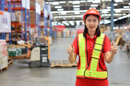 Warehouse workers woman with hardhats and reflective jackets showing thumb up and looking at camera with forklift and production stock, retail warehouse logistics distribution center backgroundの写真素材
