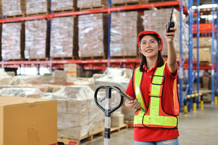 Warehouse workers woman with hardhats and reflective jackets using computer, walkie talkie radio and cardboard while controlling stock and inventory in retail warehouse logistics, distribution centerの写真素材