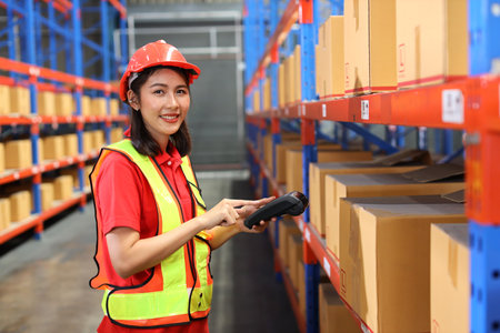 Warehouse workers woman with hardhats and reflective jackets scanning barcode on large box package for delivery to production stock and inventory in retail warehouse logistics, distribution centerの写真素材