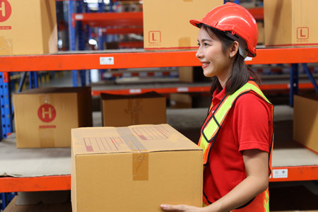 Side view asian warehouse workers woman with hardhats and reflective jackets carrying a large box for delivery to production stock and inventory in retail warehouse logistics, distribution centerの写真素材