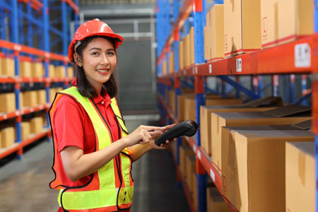 Warehouse workers woman with hardhats and reflective jackets scanning barcode on large box package for delivery to production stock and inventory in retail warehouse logistics, distribution centerの写真素材