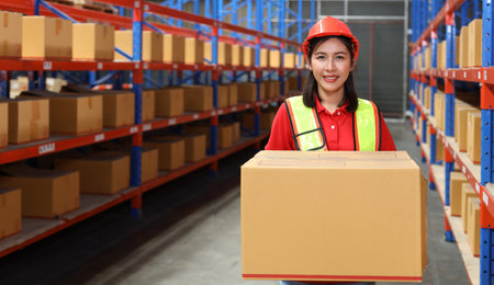 Asian warehouse workers woman with hardhats and reflective jackets carrying a large box for delivery to production stock and inventory in retail warehouse logistics, distribution centerの写真素材
