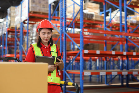 Warehouse workers woman with hardhats and reflective jackets using computer, walkie talkie radio and cardboard while controlling stock and inventory in retail warehouse logistics, distribution centerの写真素材