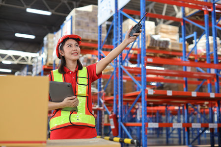 Warehouse workers woman with hardhats and reflective jackets using computer and pointing something with walkie talkie radio while controlling stock inventory in retail warehouse logistics centerの写真素材