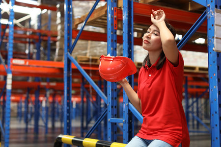 Portrait of warehouse workers young asian woman sitting and taking a break while wipe the sweat away after controlling stock and inventory in retail warehouse logistics, distribution centerの写真素材