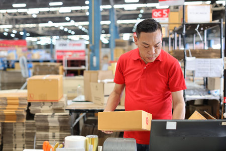 Warehouse workers man using computer, walkie talkie radio and cardboard for controlling stock and payment in retail warehouse logistics, distribution centerの写真素材