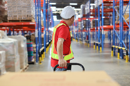 Rear view warehouse workers man with hardhats and reflective jackets pulling a pallet truck and taking or upload with large box package to shelf in retail warehouse logistics, distribution centerの写真素材