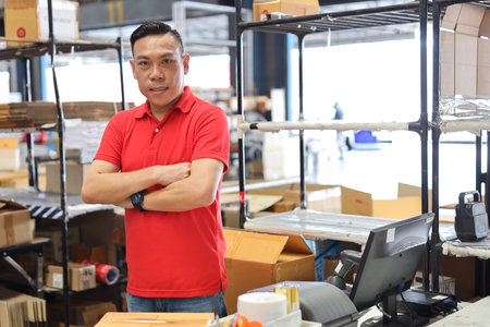 Portrait of warehouse workers asian man crossed arms with happy smiling face and colleague blurred background in retail warehouse logistics, distribution centerの写真素材