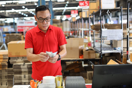 Warehouse workers man using computer, walkie talkie radio and cardboard for controlling stock and payment in retail warehouse logistics, distribution center. Male cashier counting money at the counterの写真素材